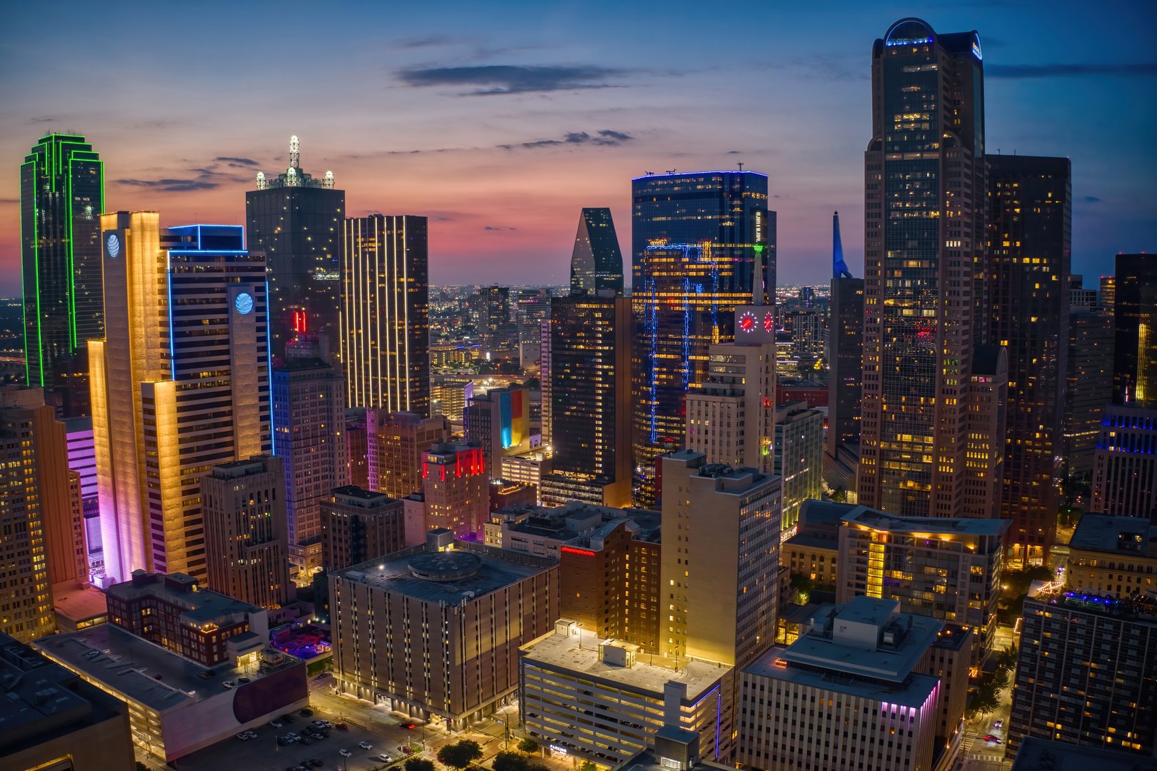 Aerial View of the Dallas, Texas Skyline illuminated at Night