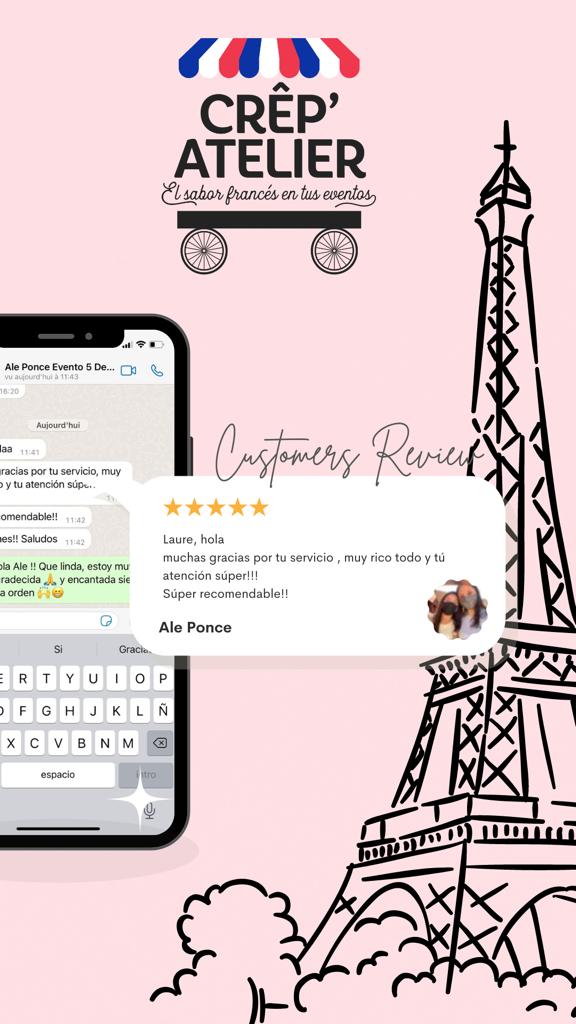 Crep' Atelier customer review with a French theme, showing a positive text message and five-star rating.
