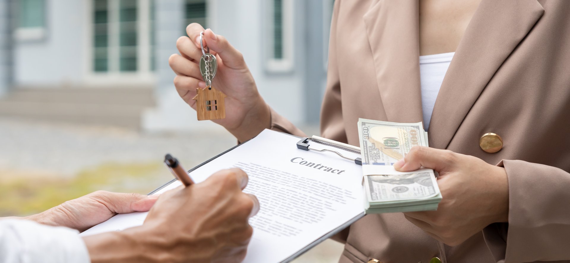 lease, rental and selling home. Real estate agent manager smile holding key for new owner. rent house, Sales, loan credit financial, insurance, Seller, dealer, installment,  buy, sell, move in