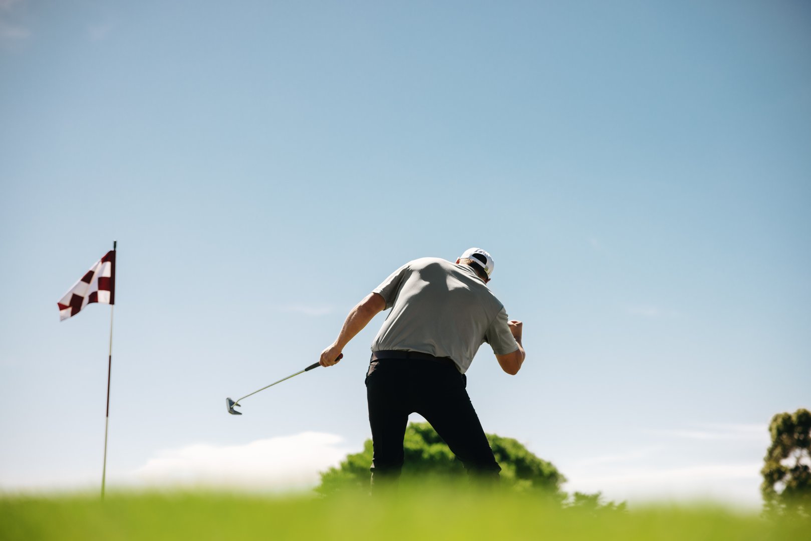 A man golfer expressing joy with a golf club next to a flagstick on a lush golf course, set against a clear blue sky backdrop.