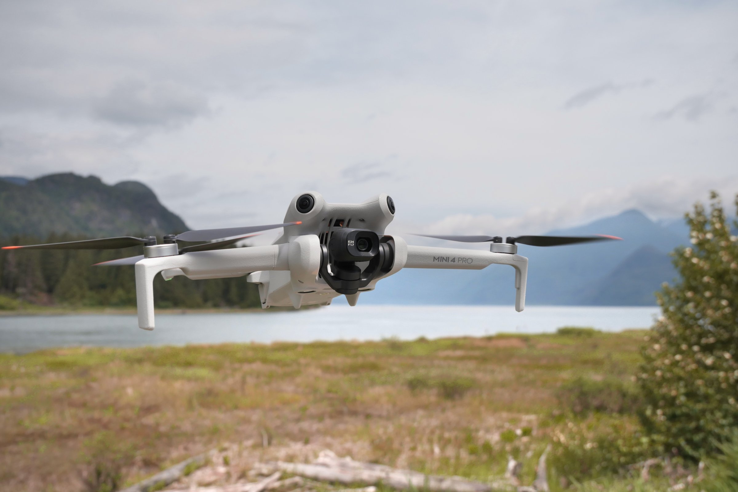 DJI Mini 4 Pro micro drone while hovering in midair at Grant Narrows Regional Park in Pitt Meadows, British Columbia, Canada.