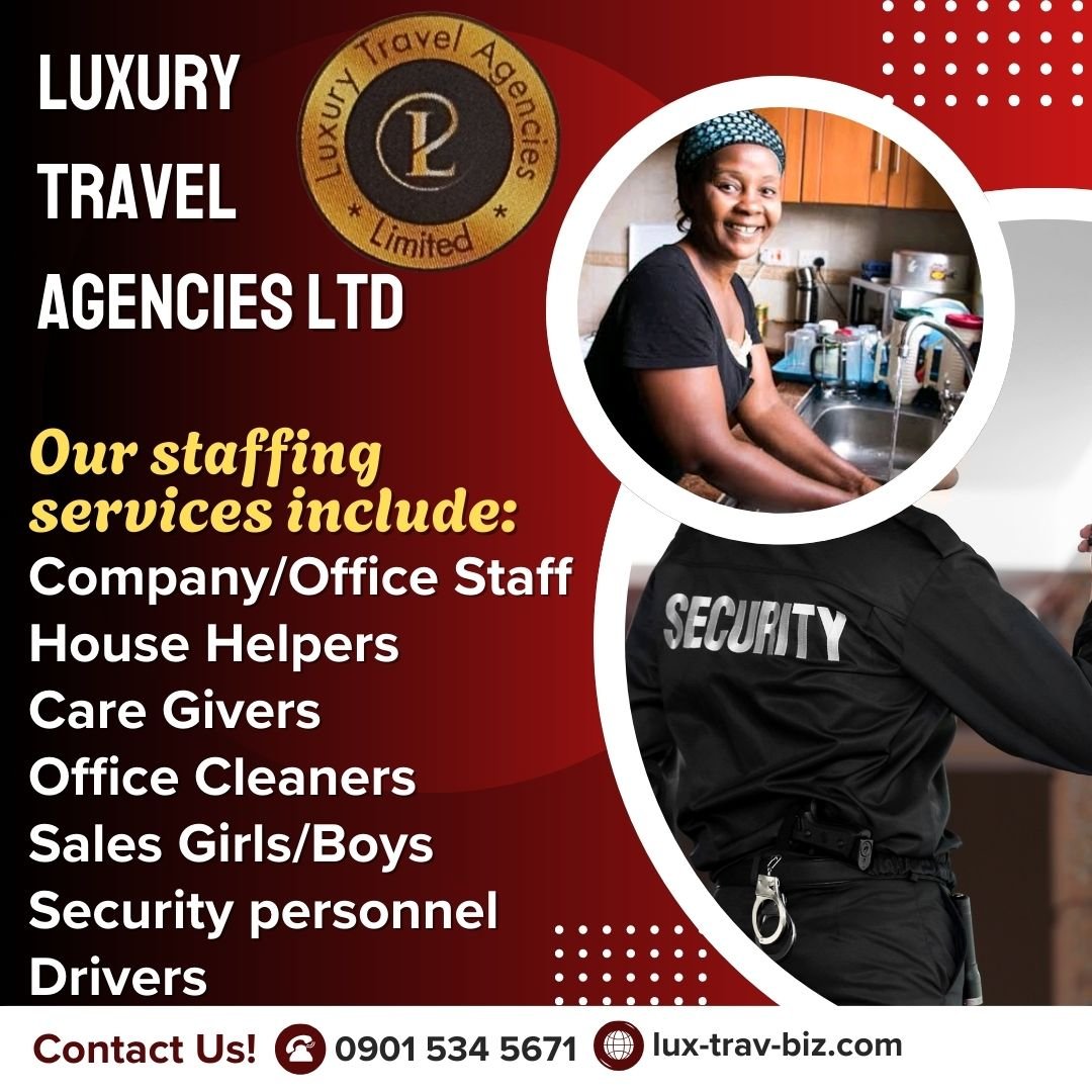Ad for Luxury Travel Agencies Ltd. offers staffing services like office staff, caregivers, security personnel, and drivers.