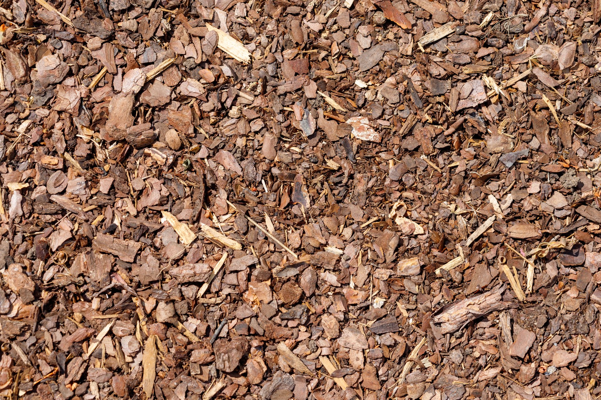 A close-up, overhead shot of brown bark mulch covering the entire frame. Small pieces of wood are scattered throughout.