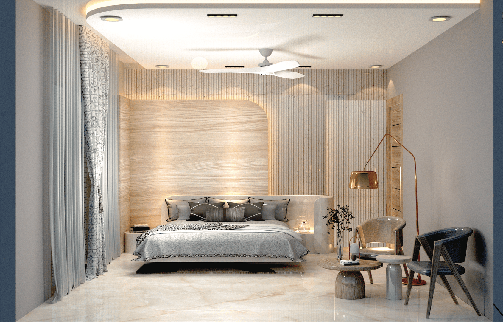Modern bedroom with a double bed, sleek furniture, neutral tones, and elegant lighting.
