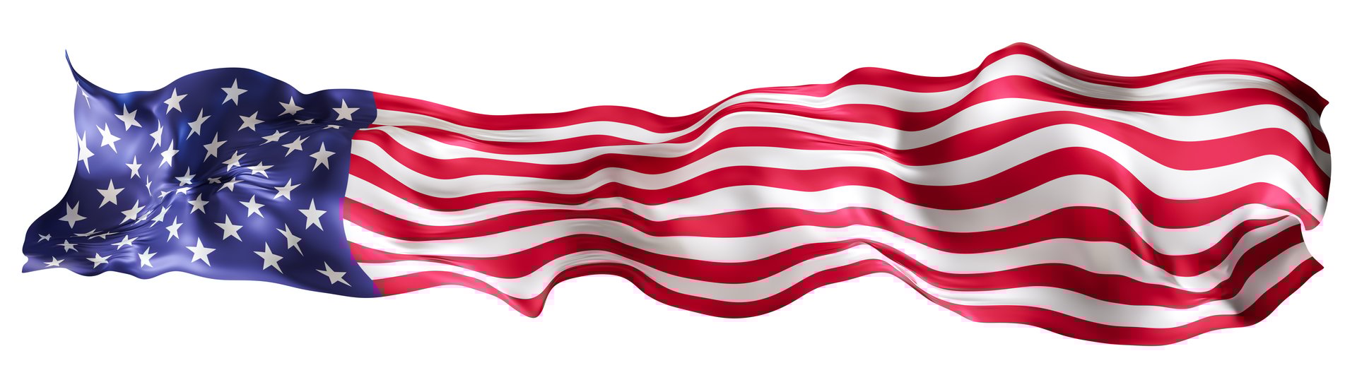 Stylized American, USA flag, waving in the wind, isolated on white background. Footer, header or divider. Perfect for patriotic themes, Independence Day designs, or national event promotions. 3D