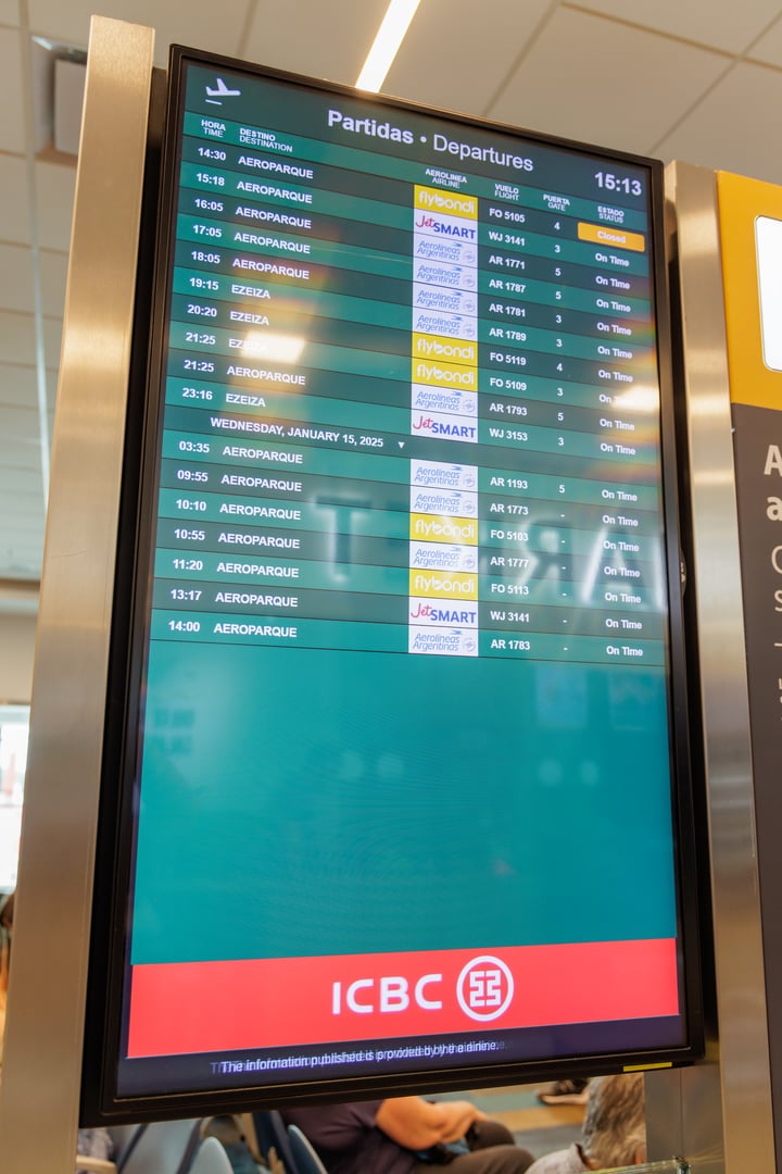 Puerto Iguazu, Misiones, Argentina - May 18th, 2025: Board with departure times at an airport.