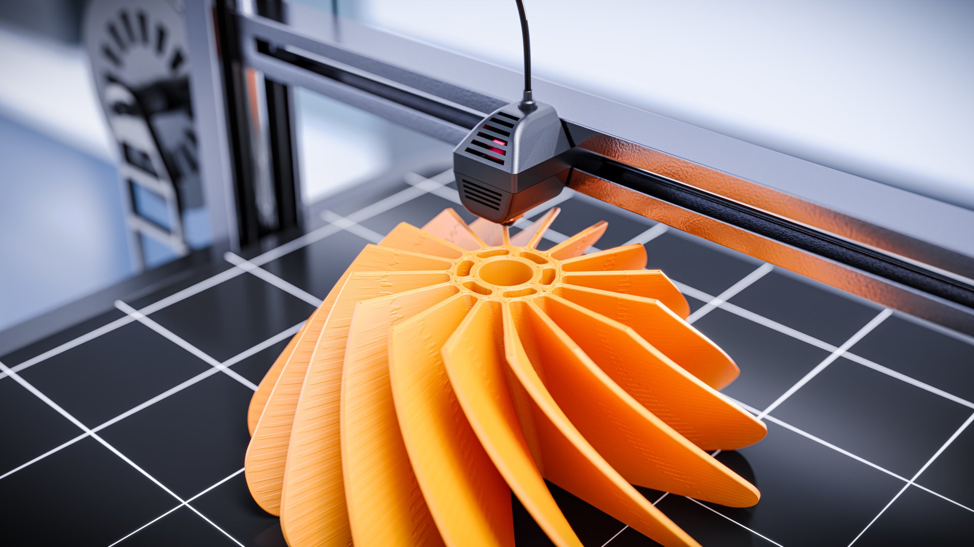 3D printing of a prototype turbine modeled in CAD software. Time lapse video