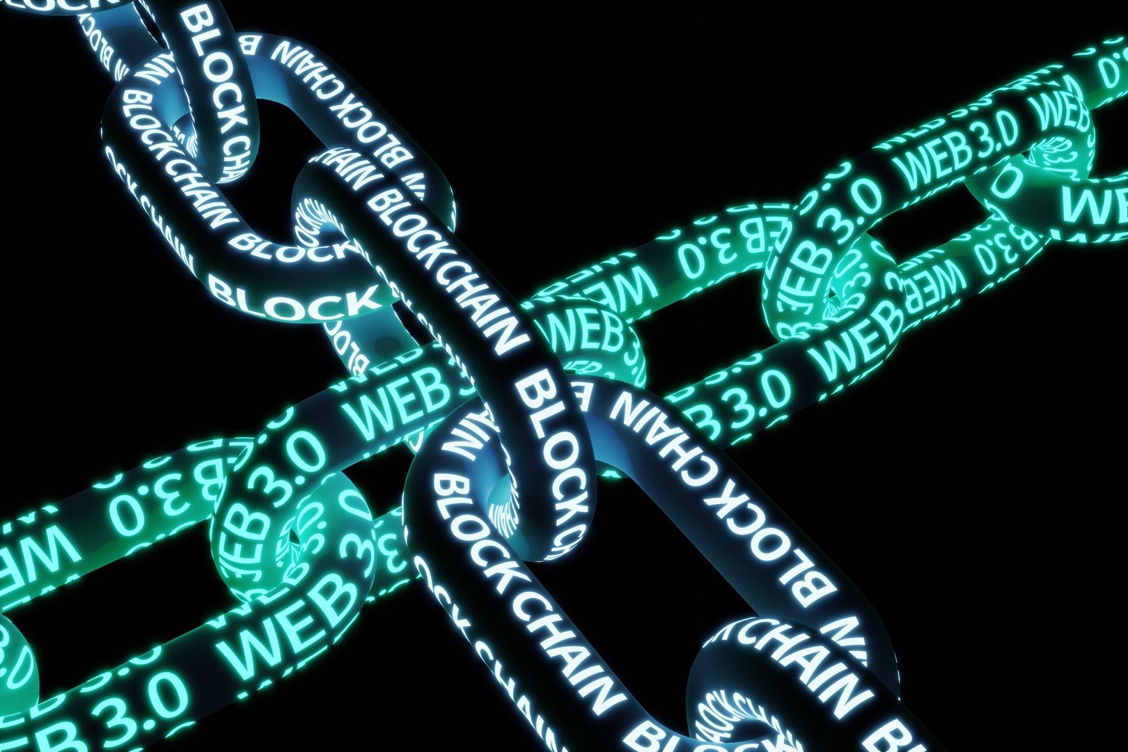 Conceptual representation of the relationship between WEB 3.0 technology and blockchain technology, 3d rendering
