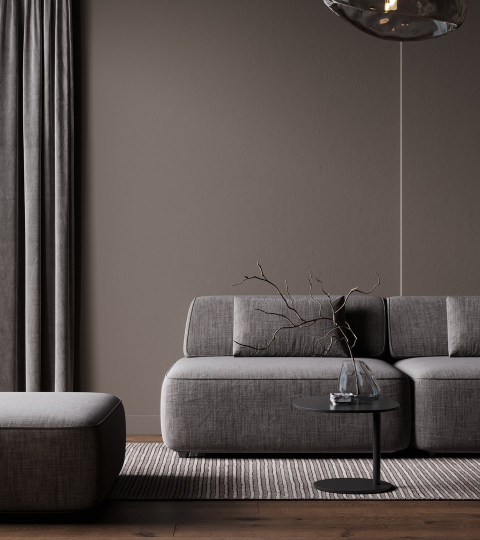 Stylish dark chocolate living room interior with gray sofa mock up, modern interior background, empty mocha wall mockup, 3d illustration