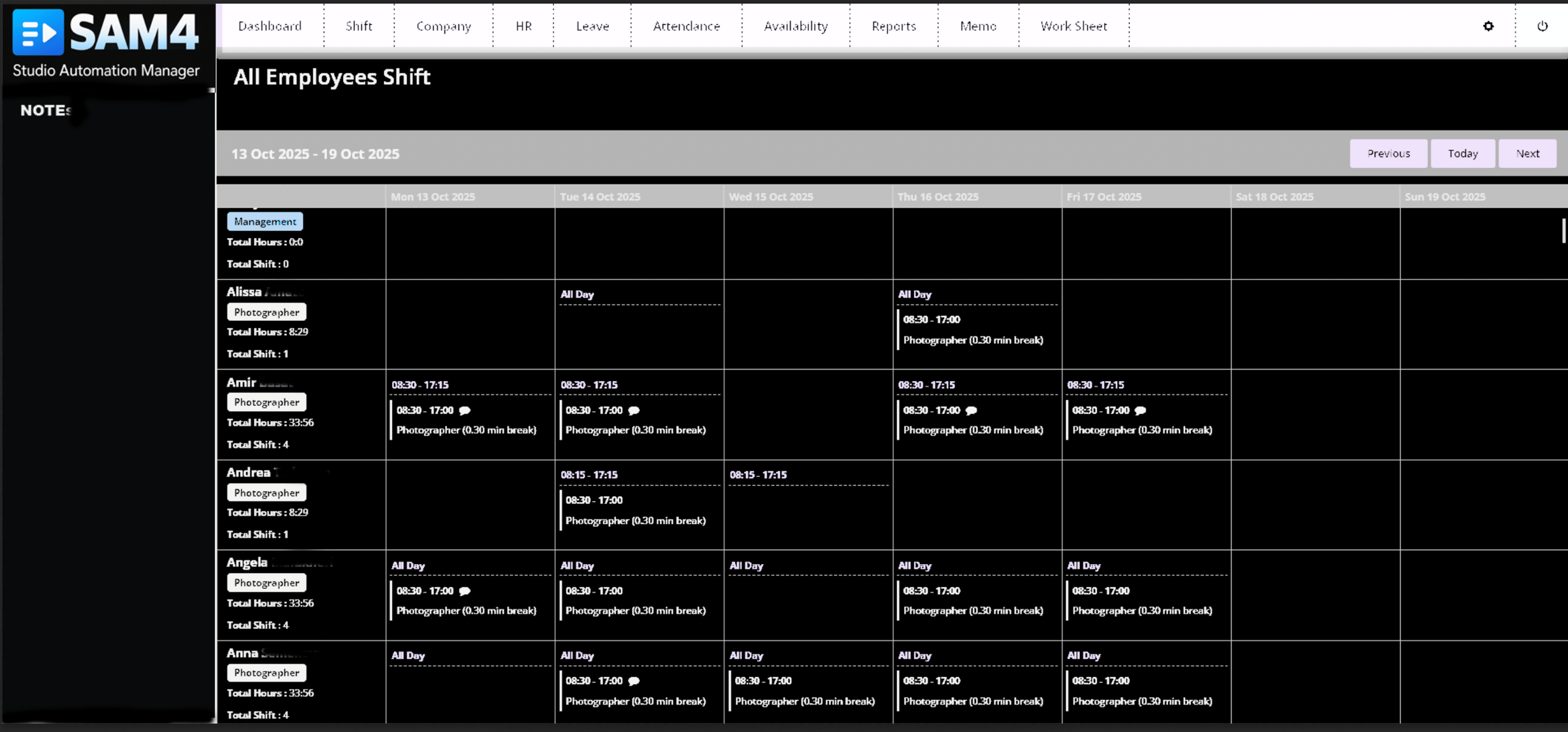SAM4 Studio planning and roster management interface screenshot