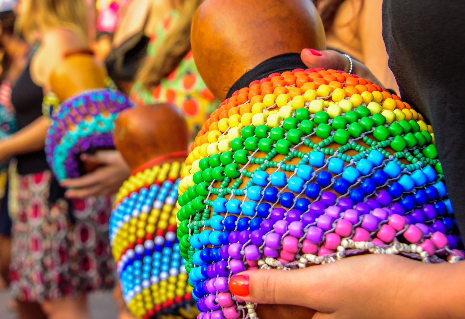 Colorful, juicy and bright big percussions in the street at sunny day at Leme, Rio de Janeiro, Brazil