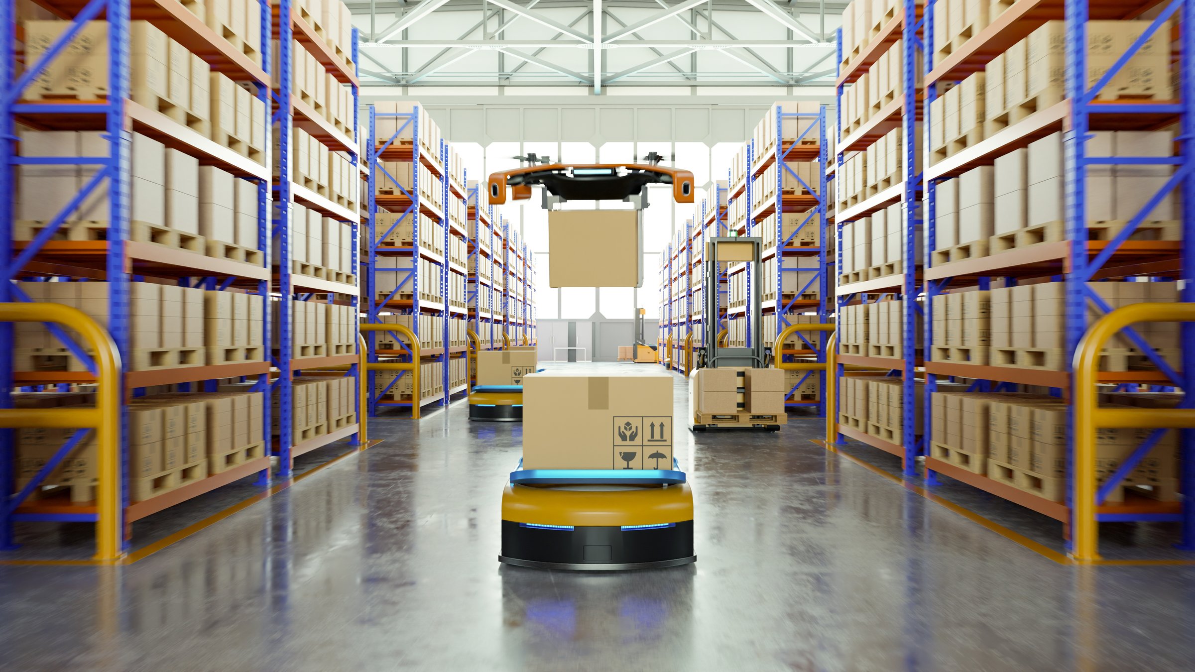 Automated warehouse: robots and drones optimizing Logistics and inventory- 3D rendering