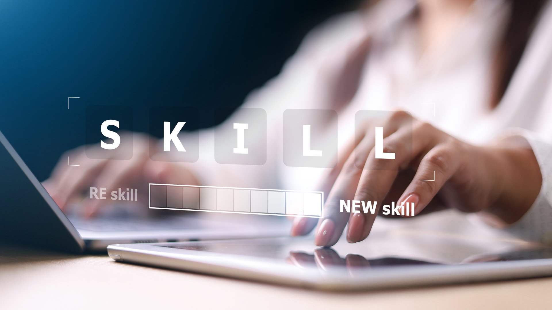 Upskilling and personal development concept. Skill training, education, learning, ability. Upskilling, reskilling,