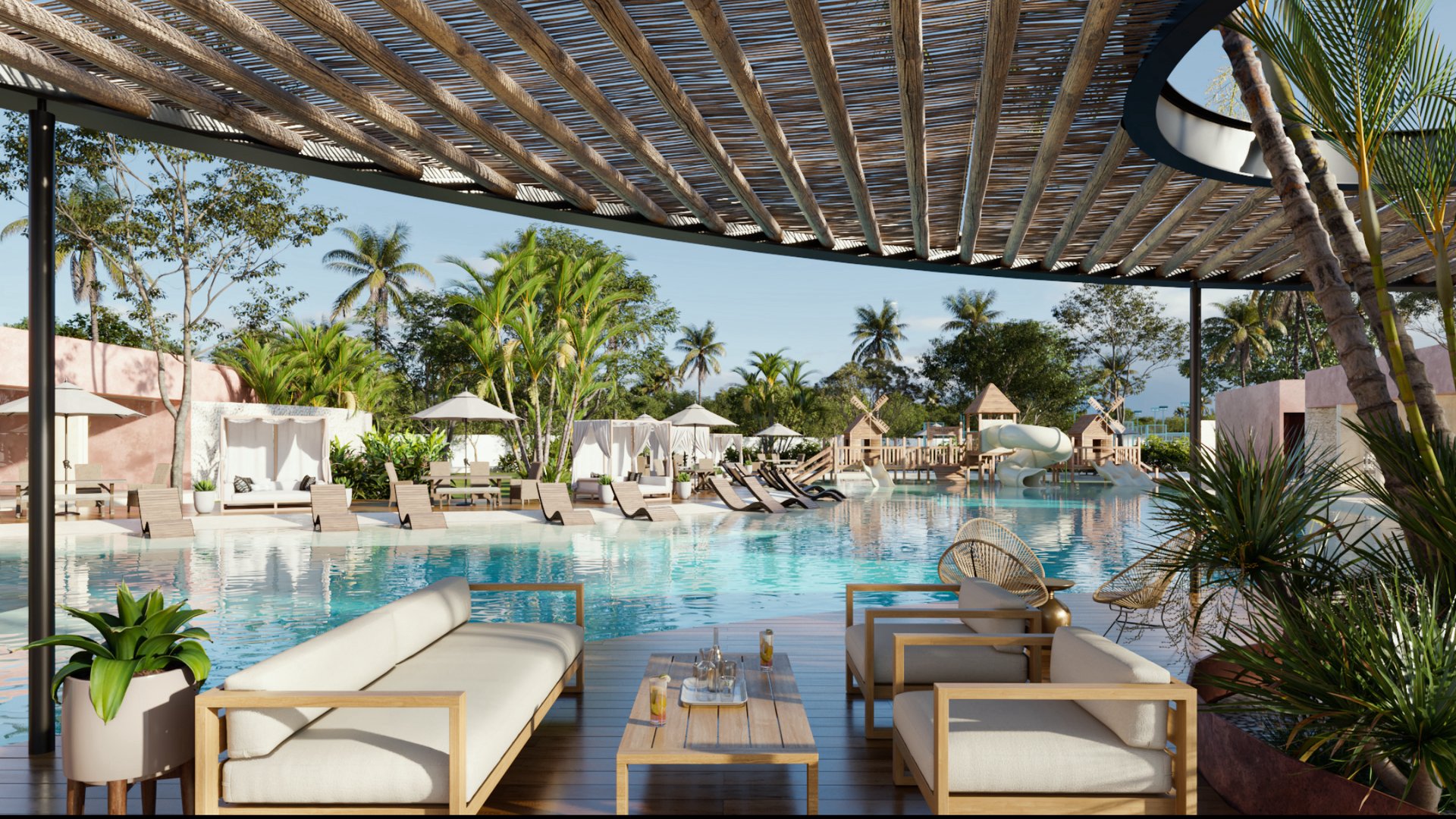 Luxury resort pool area with sun loungers, cabanas, and tropical plants under a shaded pergola.