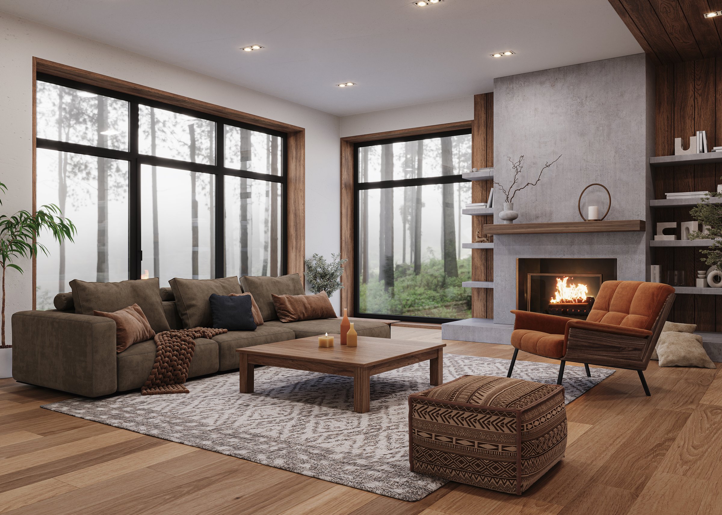 Cozy modern living room with natural wood accents, soft neutral furniture, and a minimalist concrete fireplace. Surrounded by large windows offering a serene forest view