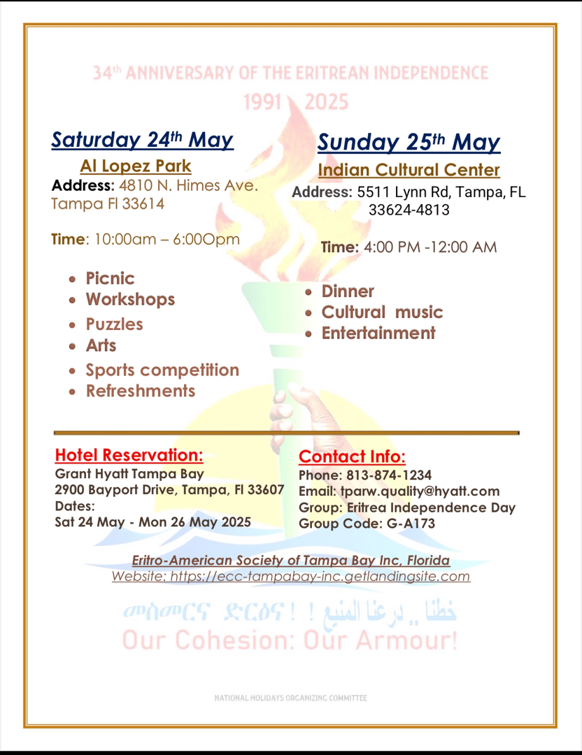 Flyer for 34th Eritrean Independence Anniversary on May 24-25, 2025, in Tampa, featuring events and contact details.