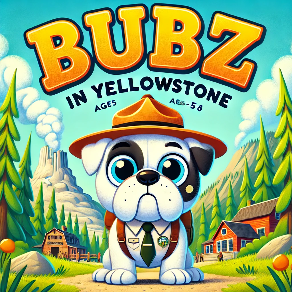 Cartoon bulldog in ranger outfit titled Bubz in Yellowstone with scenic park background, suitable for ages 5-8.