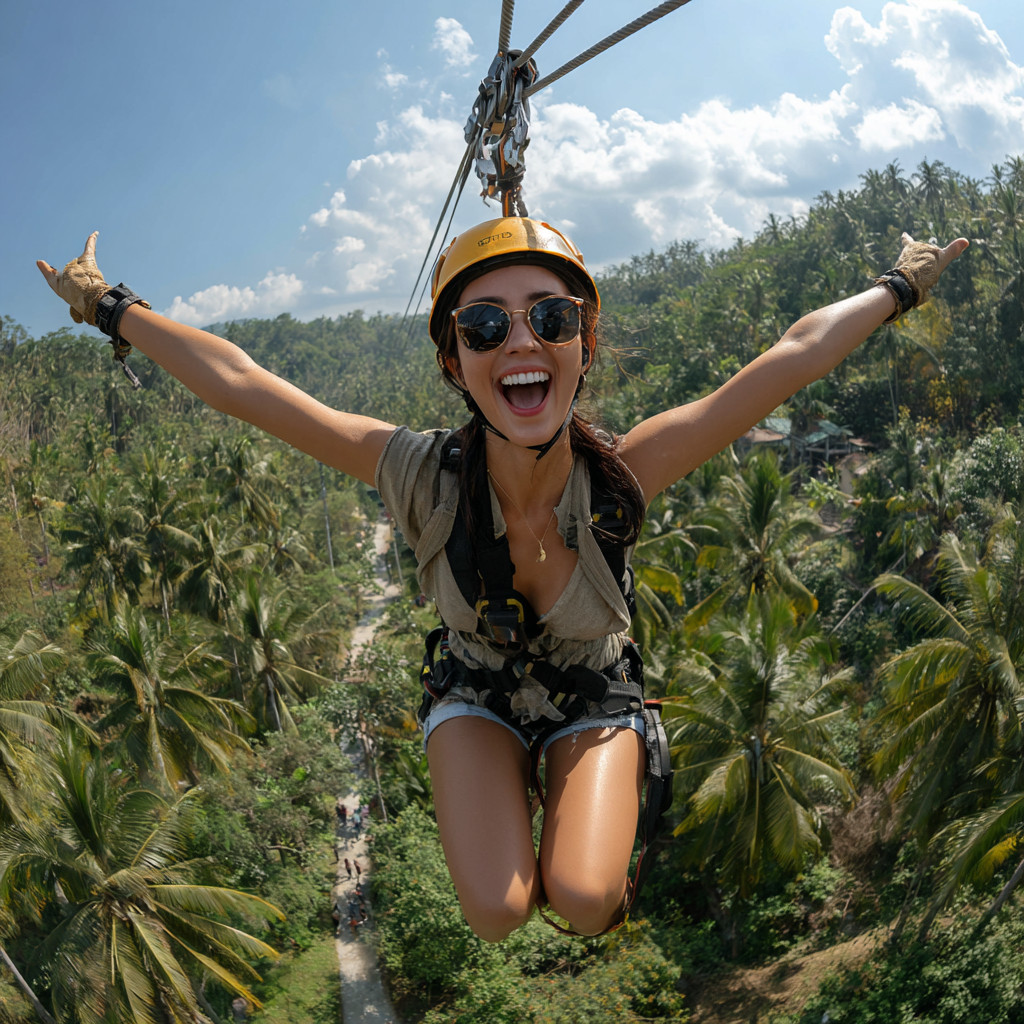 Woman hanging upside down adventure activity in jungle cenote
