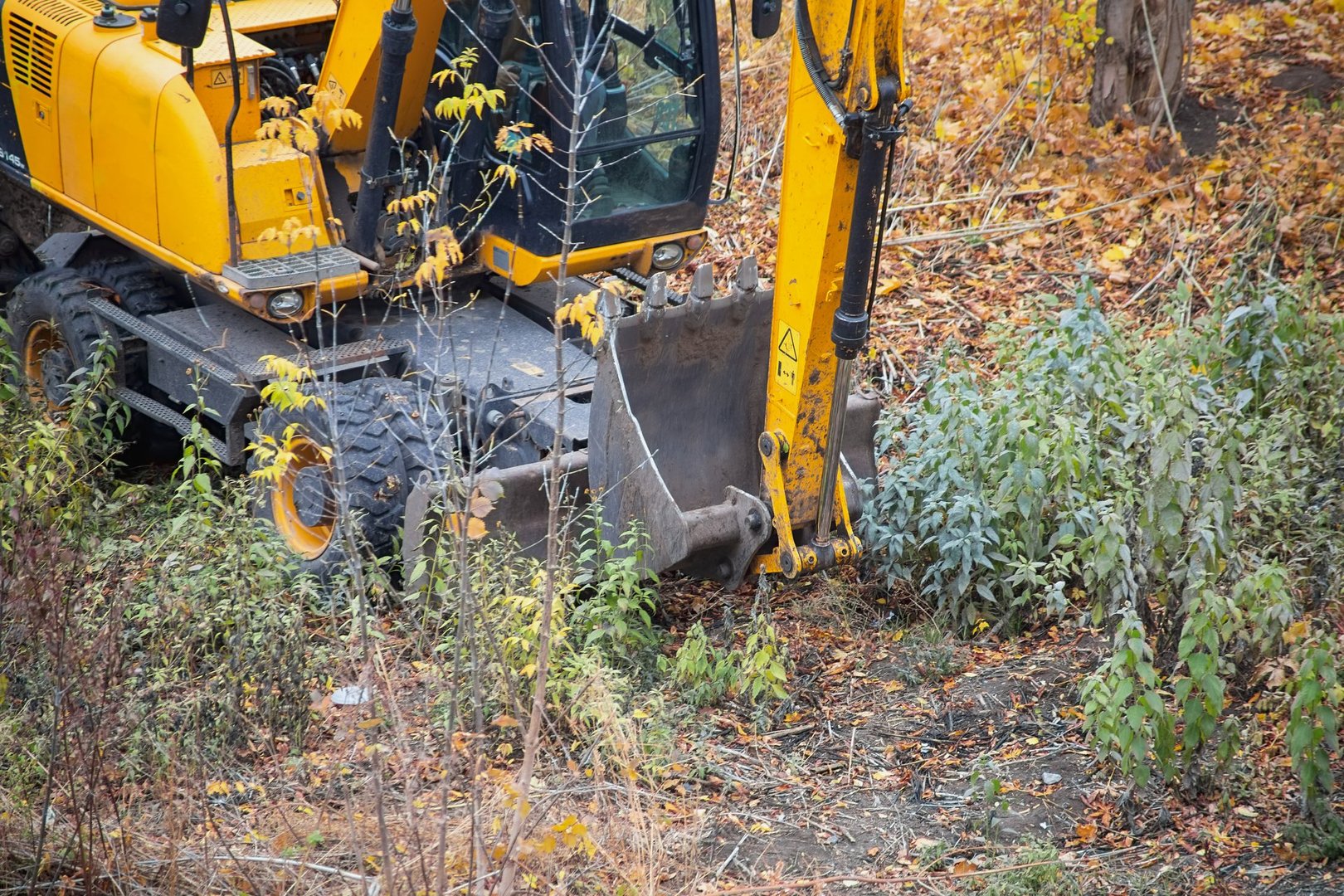 The excavator prepares for work on open ground among vegetation and autumn leaves.