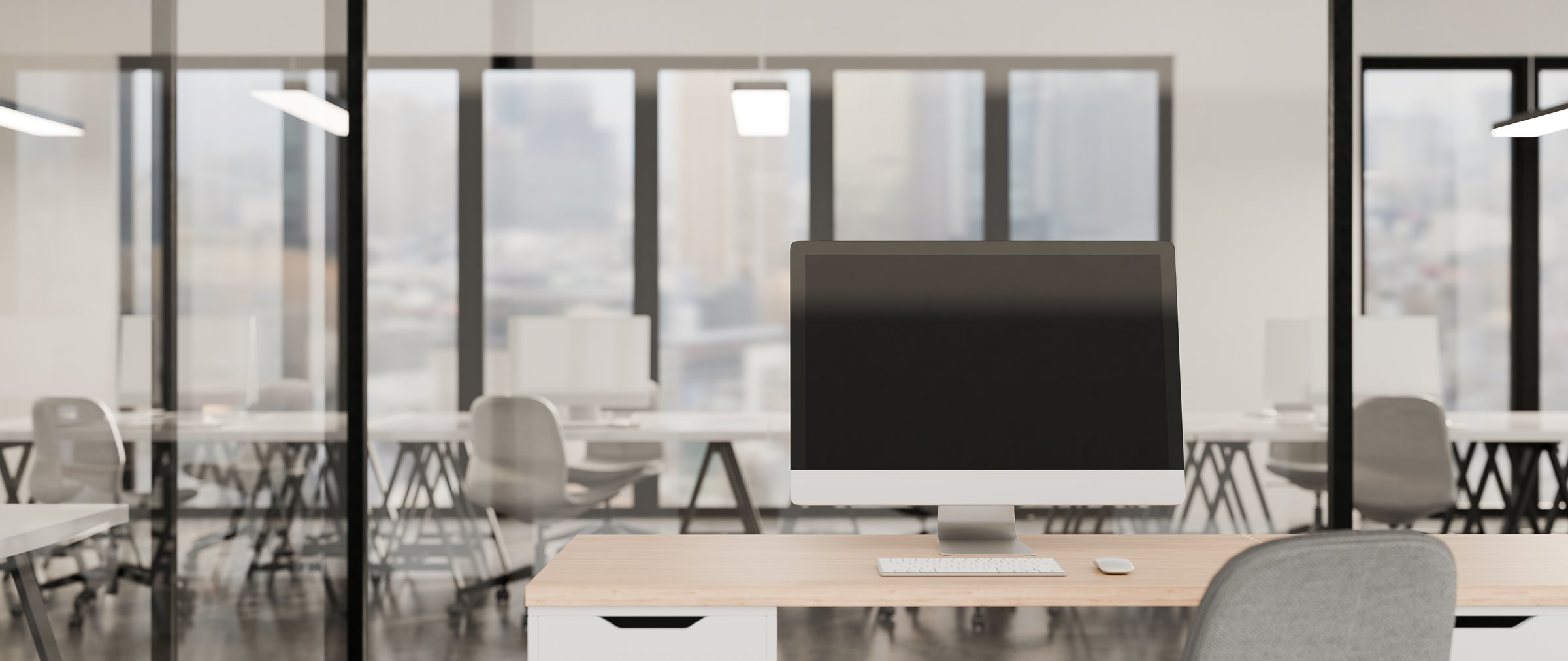 3D render of a Computer empty screen in modern office..