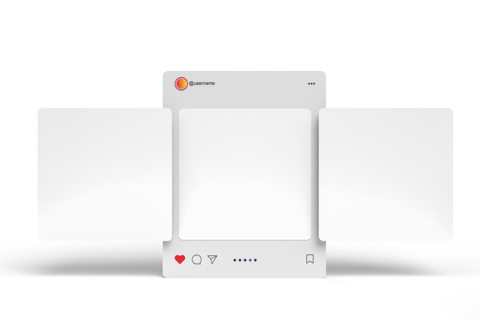 3D Social media post interface mockup. Social frame mobile app page template for user carousel post feed, like, share, comment, business promotion. Minimal design content for commercial purposes.