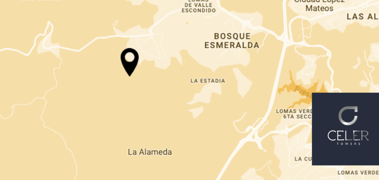 Map highlighting "La Alameda" area near "Bosque Esmeralda," with a pin marker and "Celer Towers" logo on the bottom right.