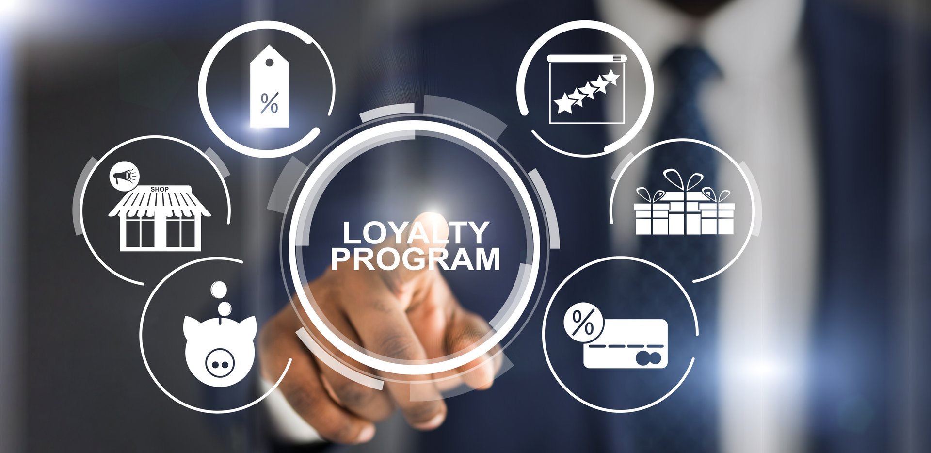 Collage with unrecognizable businessman pressing loyalty program button on virtual screen, panorama