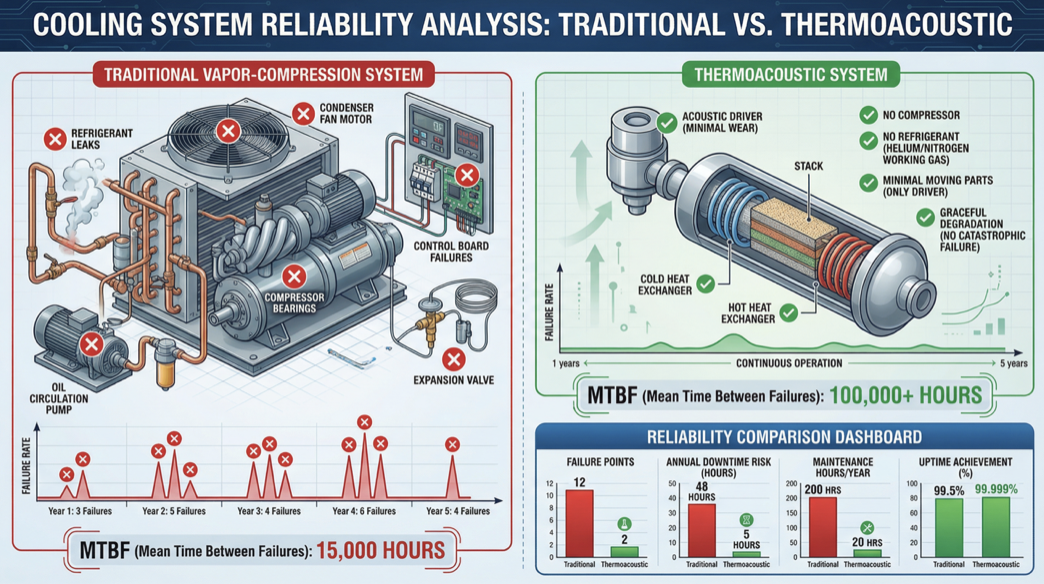 Thermoacoustic chiller operation diagram showing compressor-free reliability