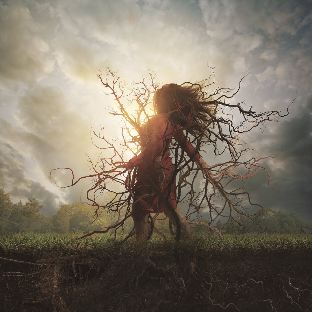 A woman is pulled down by roots