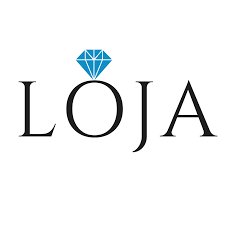 Logo with the word Loja and a blue diamond shape above the letter O.