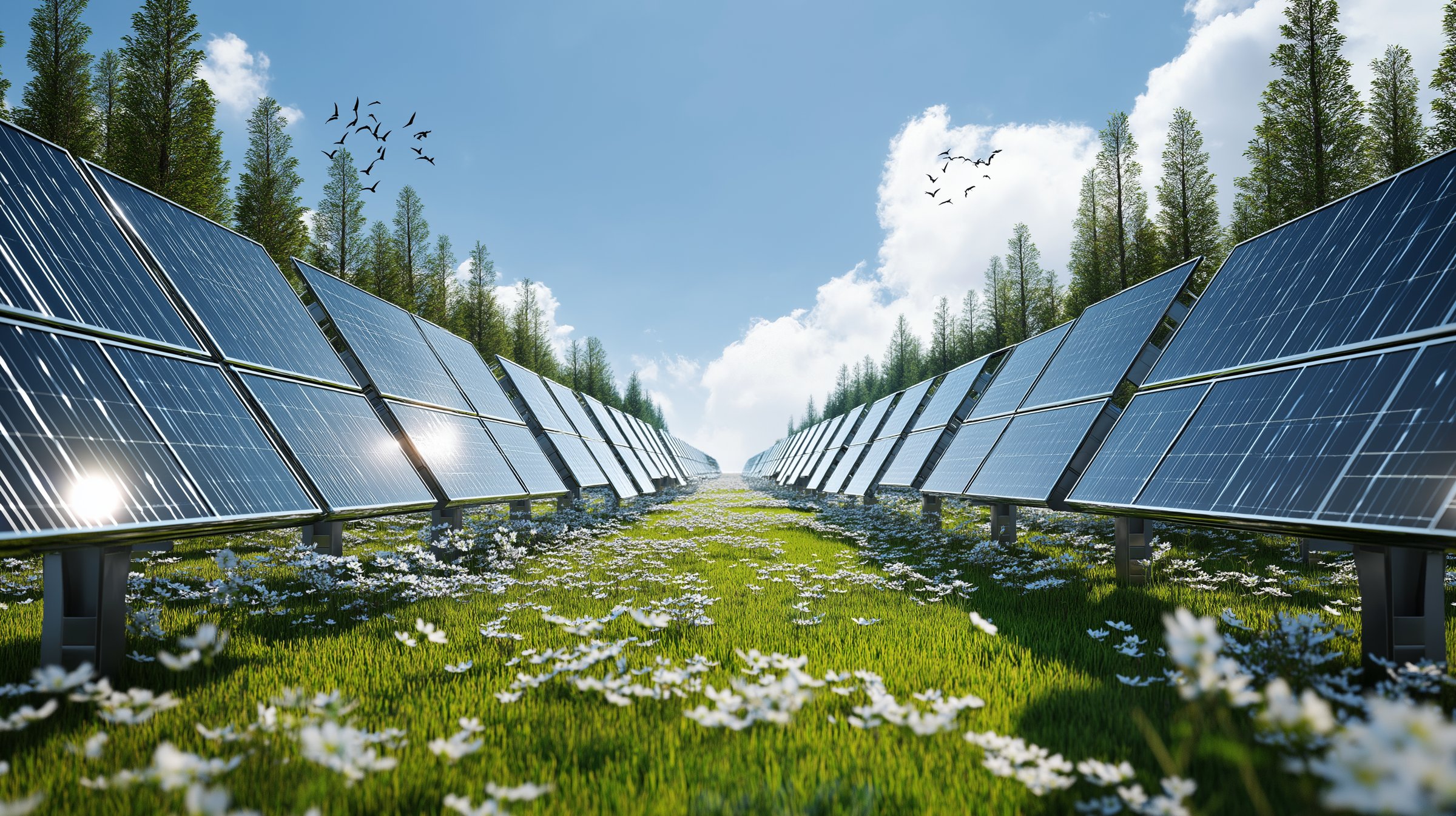 Solar panels in a field with wildflowers and tall trees under a clear blue sky with birds flying overhead.