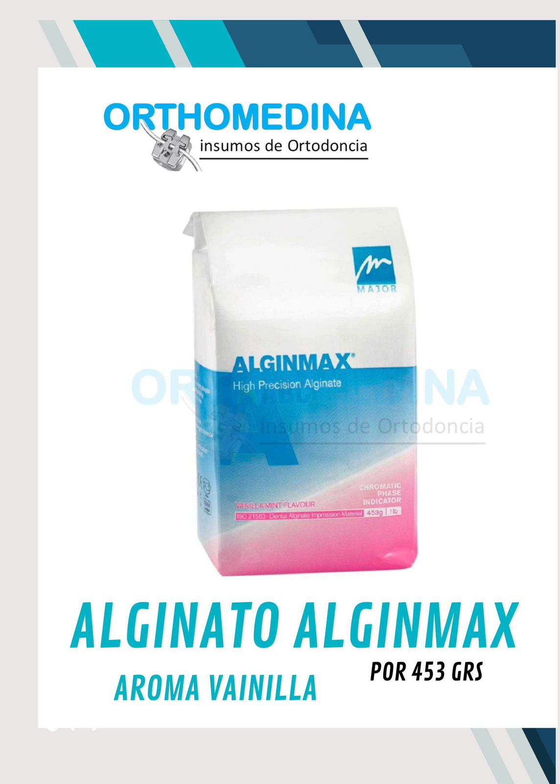 A package of Alginato Alginmax vanilla flavor, 453 grams, displayed with dental implant graphic and Orthomedina branding.
