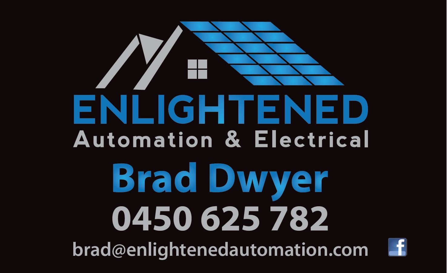 Business card for Enlightened Automation &amp; Electrical featuring contact details and a house roof design with a solar panel.
