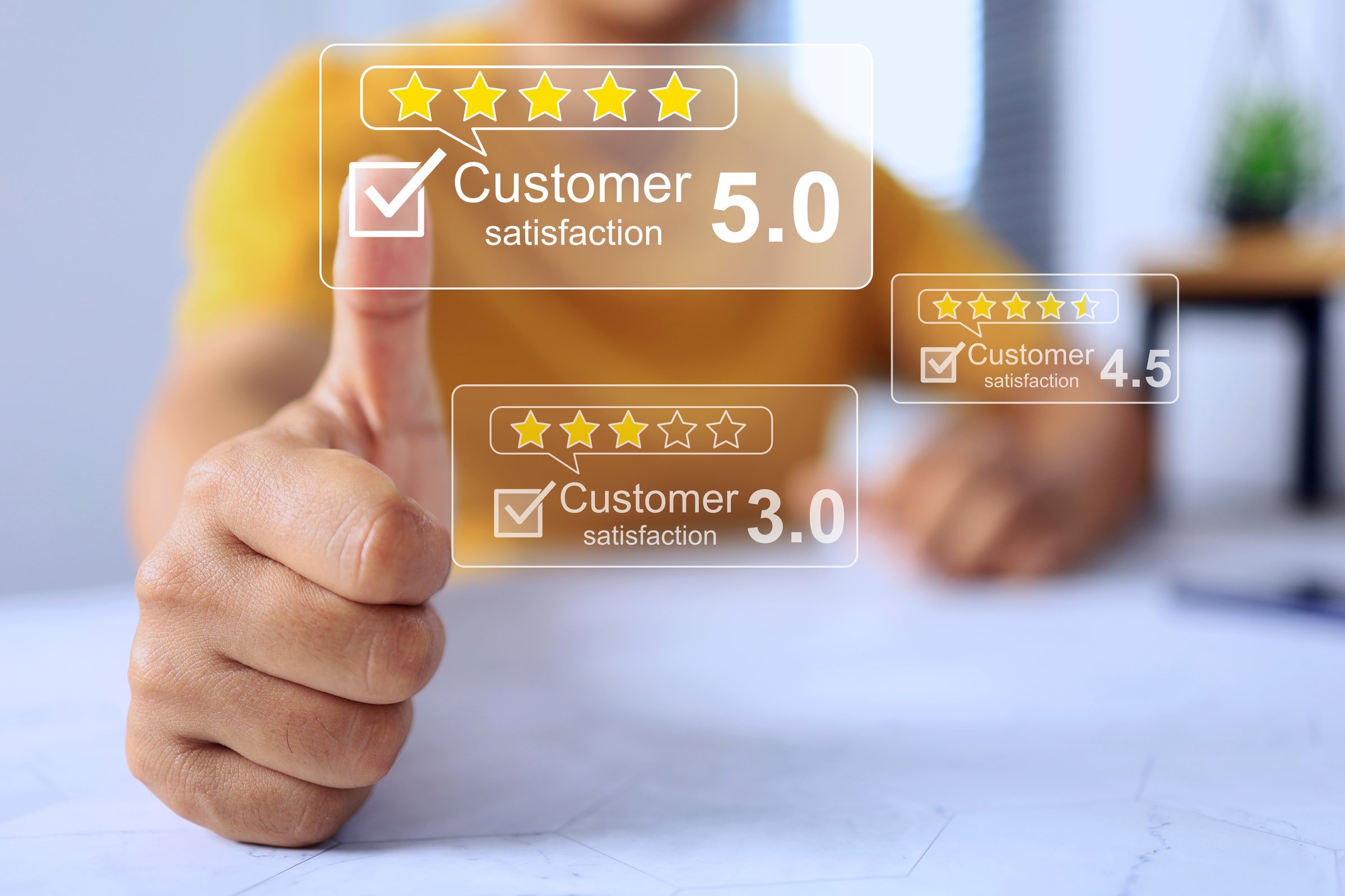 customer satisfaction concept with user in yellow t-shirt thumb up to evaluate result for 5 star rating business service experience online questionnaire survey