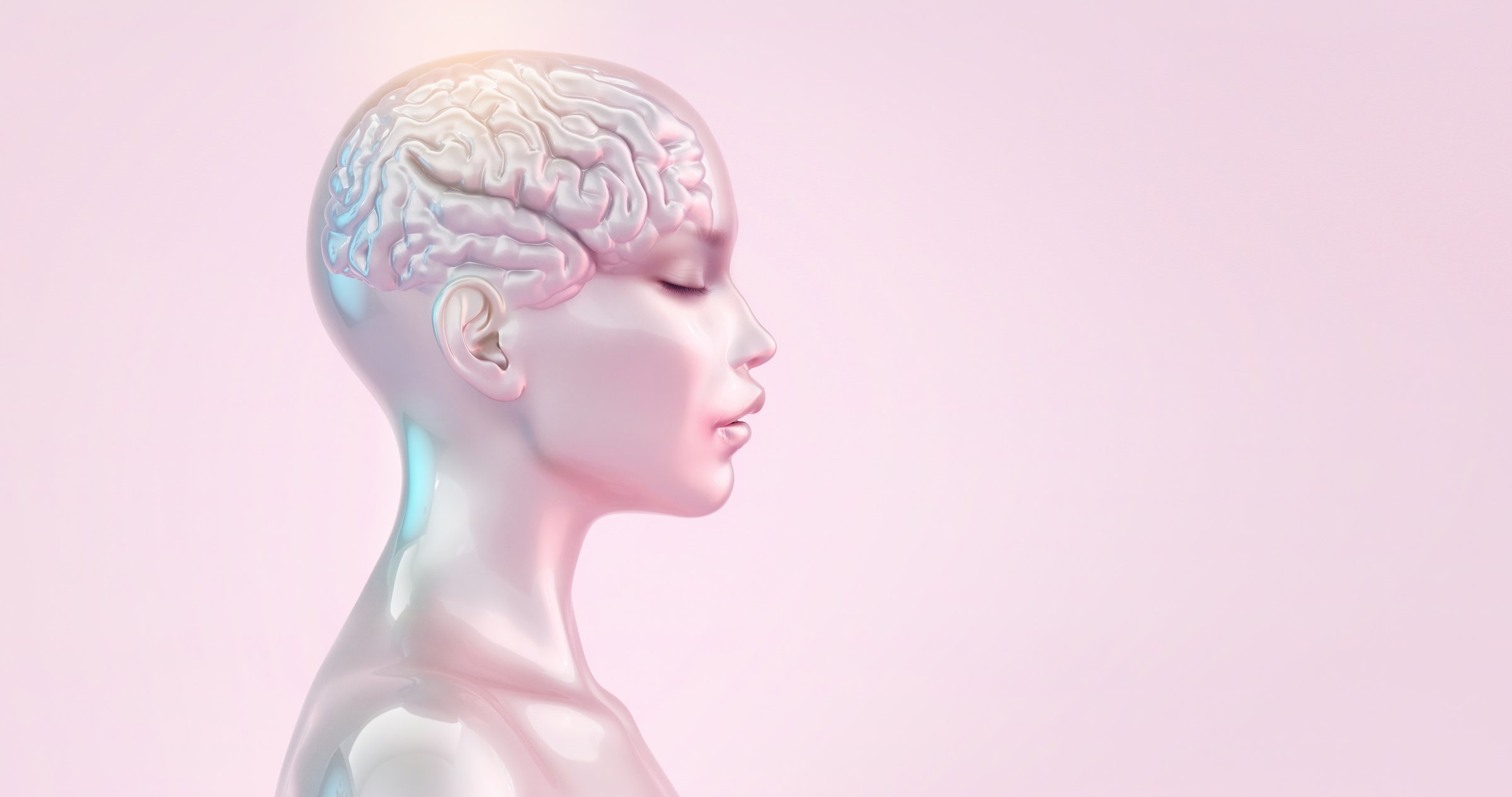 Profile of a woman in a calm, relaxed state, meditating. Complexity of the mind. Mental health, disorders, intelligence, creativity, cognitive process, thought, problem-solving, personal growth. 3D illustration