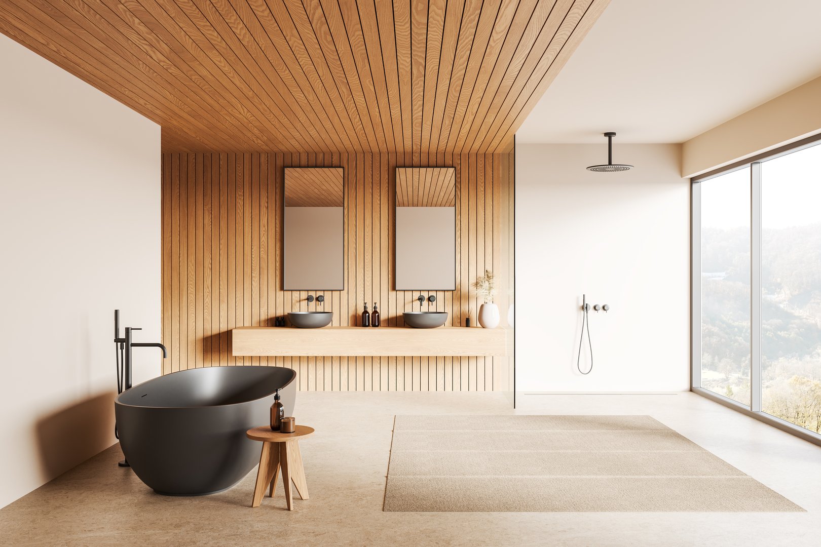 Wooden hotel bathroom interior with bathtub and mixer floor mounted, shower with glass partition and double sink with decoration. Panoramic window on countryside
