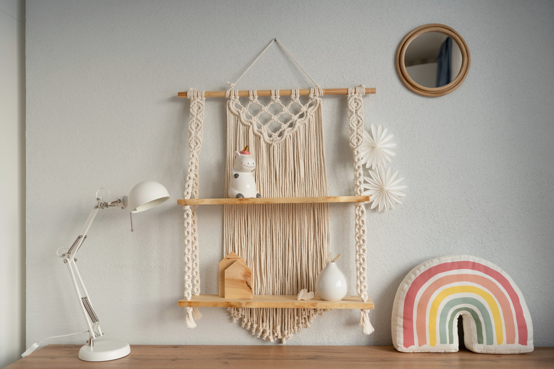 A large wooden macrame shelf hangs on the wall. Beautiful home children room interior.