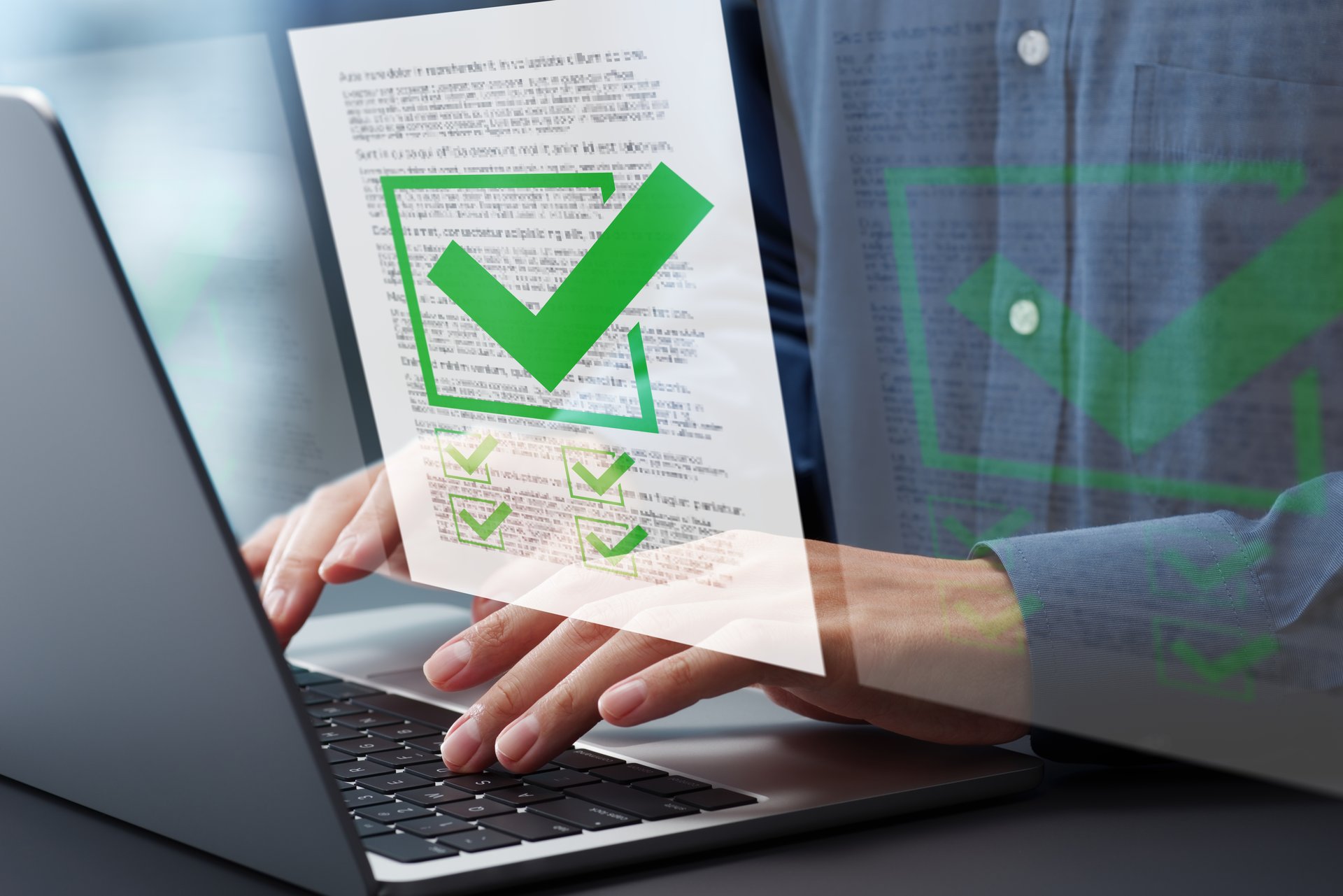 Preparation of documents. Documents and checkmark. Compliance and documentation. Hands typing on laptop computer keyboard. Businessman working at desk in office.