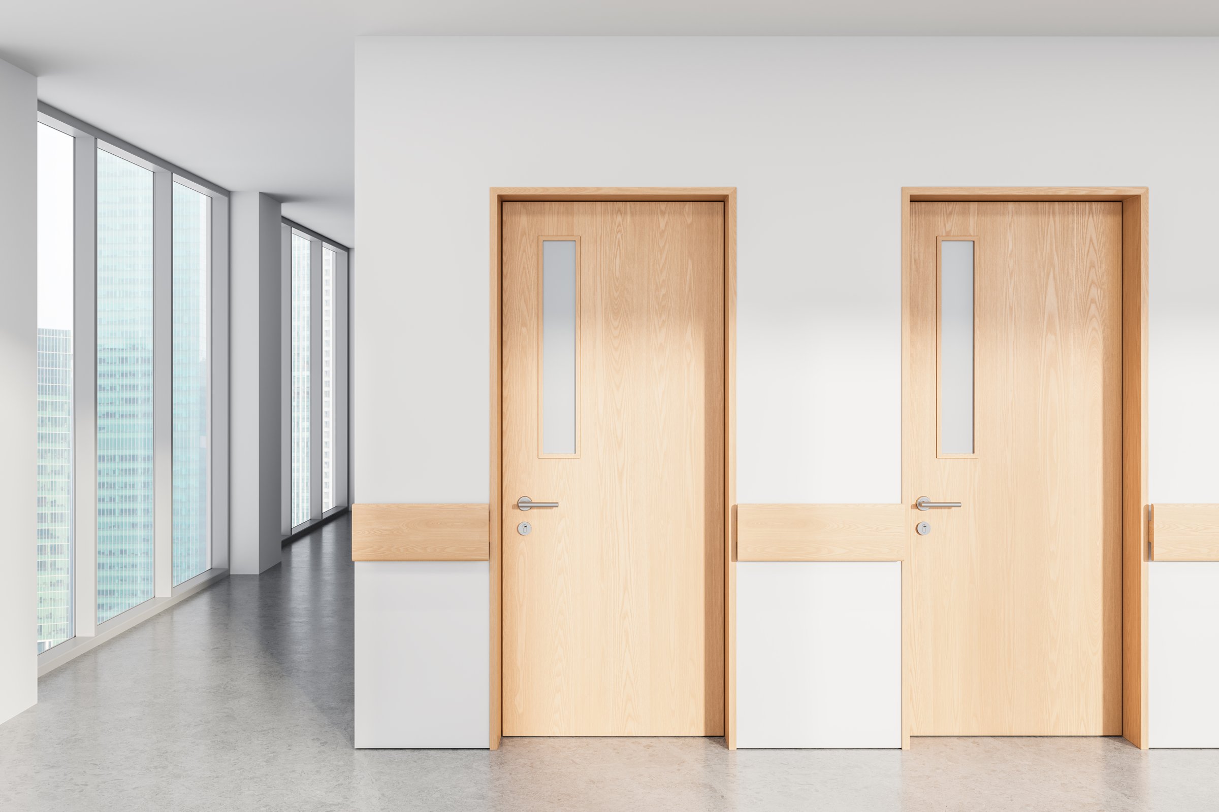 Bright hallway interior with two wooden doors, minimalist style, white walls and large glass windows, concept of modern architecture and clean design. 3D Rendering