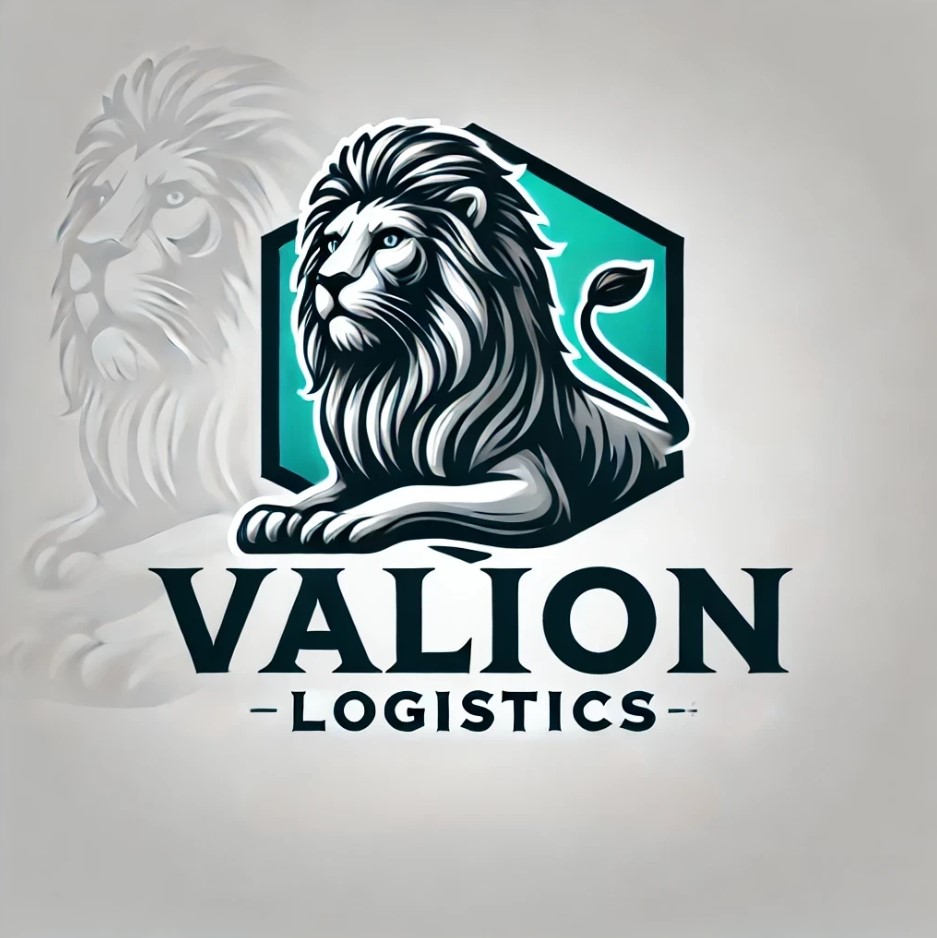 Valion Logistics logo featuring a stylized lion sitting with a teal background, and bold black text below.