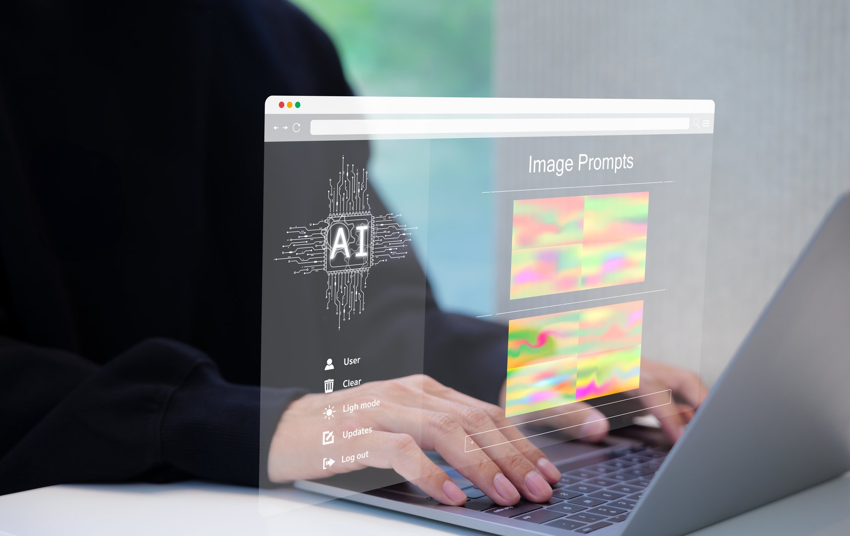 AI prompt image generator technology. Use AI software on laptop to generate images, futuristic user interface. screen with visual prompts. creation photo by artificial intelligence. graphics design