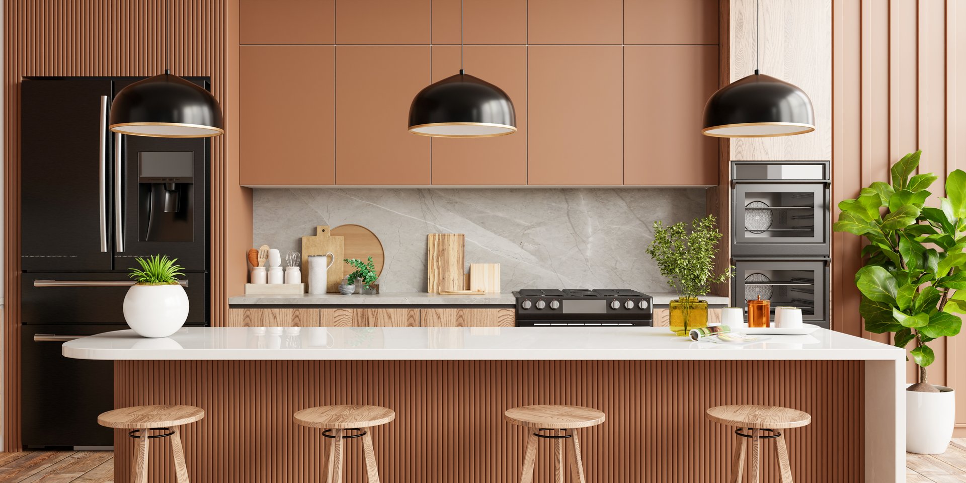 Modern kitchen interior with island, wooden stools and stylish lighting- 3D rendering