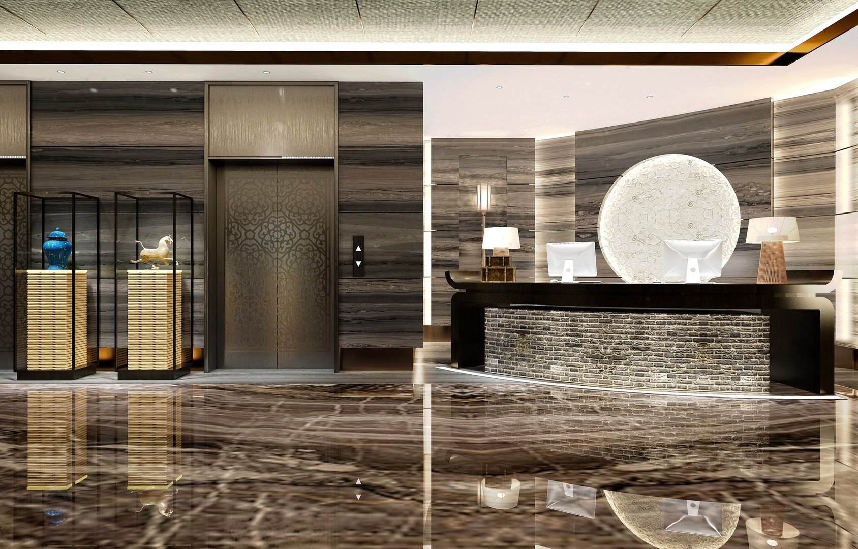Luxury hotel reception lobby, 3d render