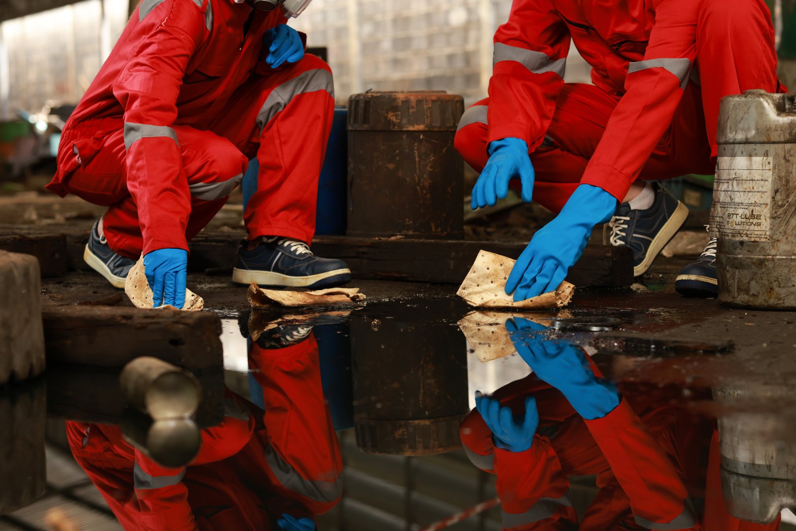 Chemical leak and safety first concept. Group of chemical specialist wear safety uniform, gas mask inspecting chemical leak in industry factory. Two scientists checking quality of liquid in plant