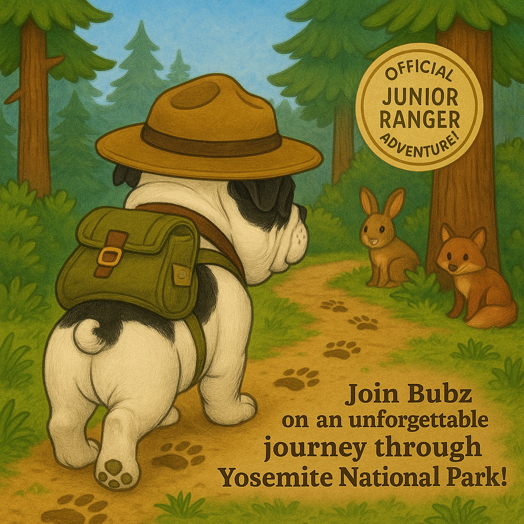 Cartoon dog wearing hat and backpack on forest path with rabbits, promoting an adventure at Yosemite National Park.
