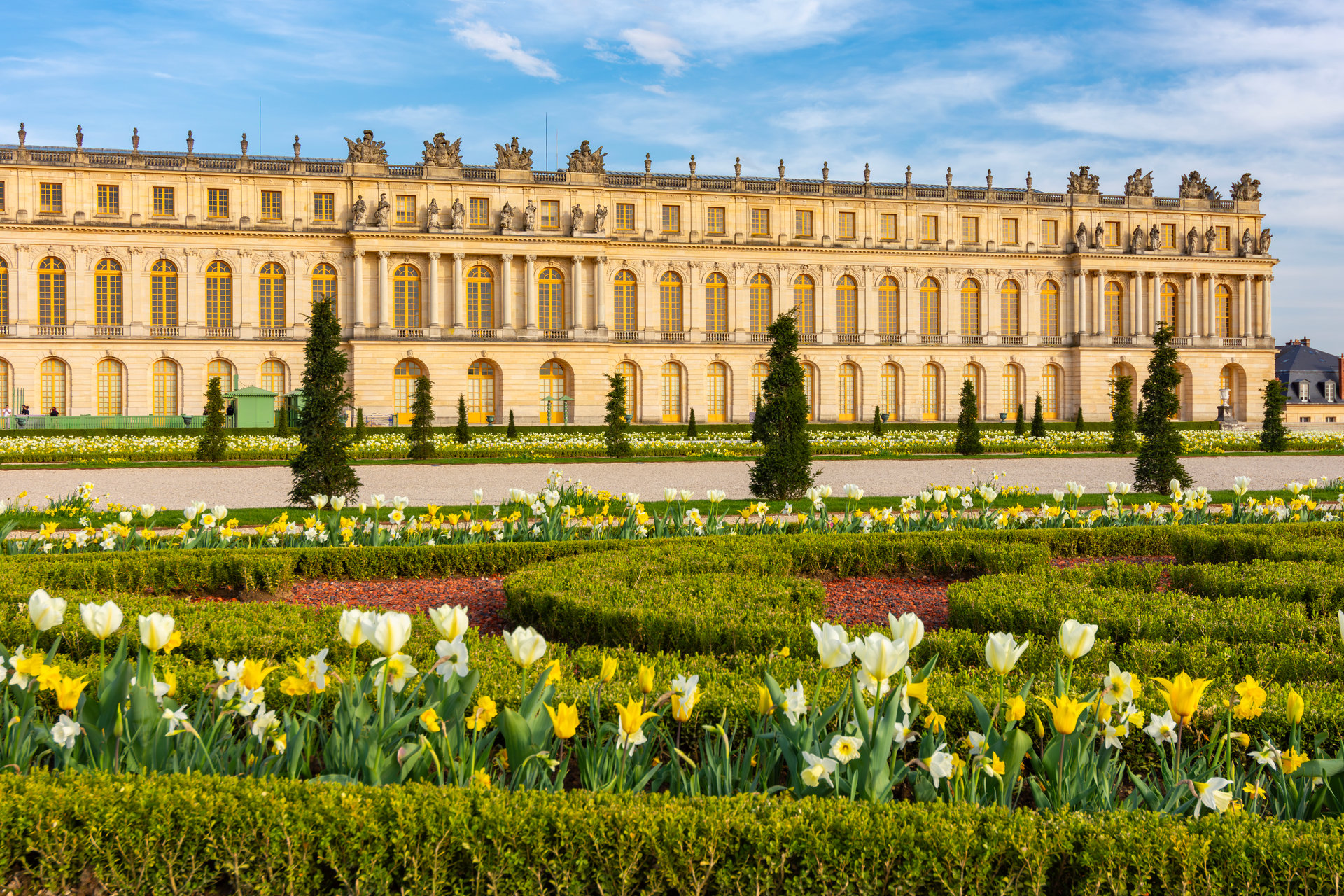 Versailles, France - 04 April 2025: Versailles palace and gardens in spring outside Paris