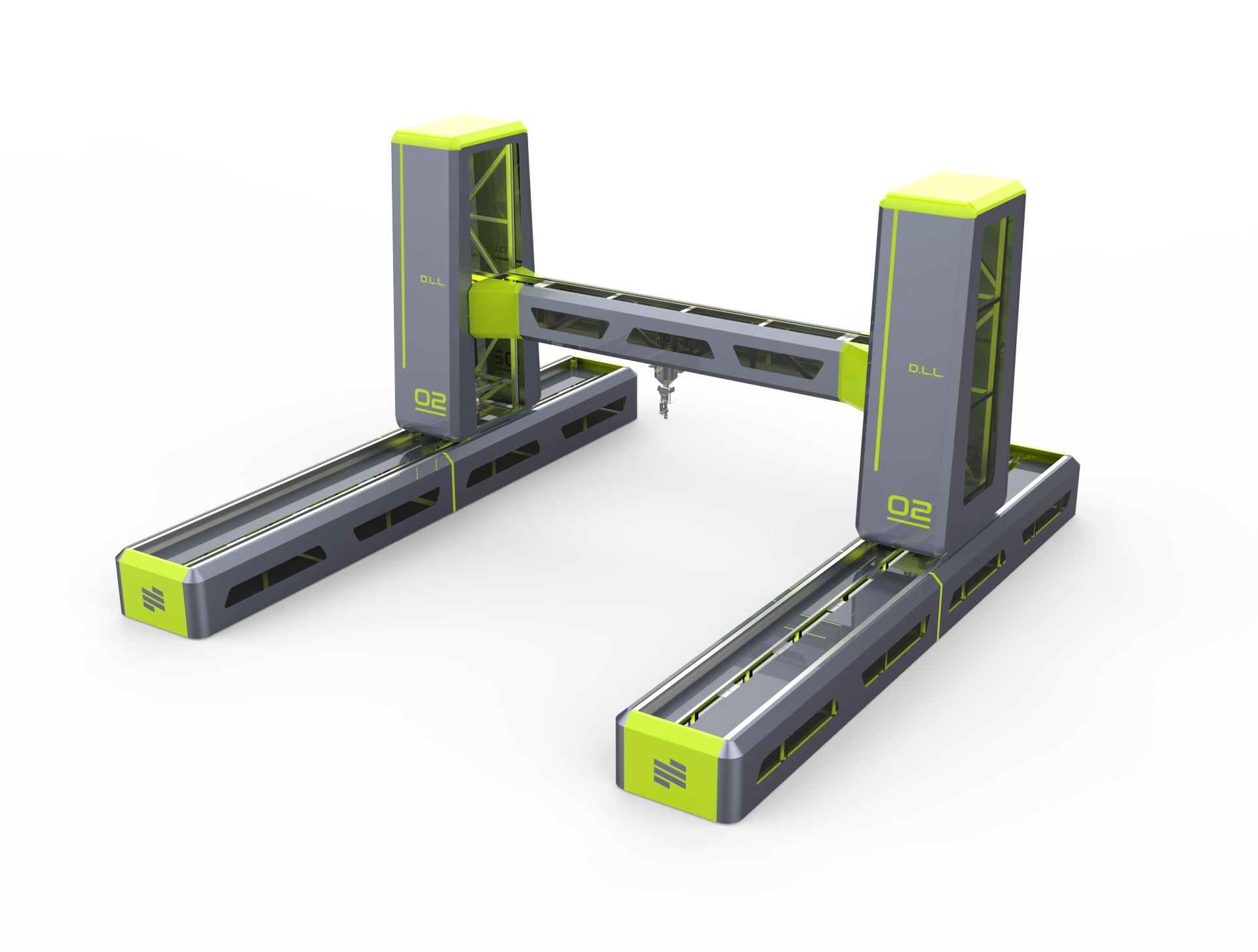 Futuristic industrial 3D printer with green and gray design, featuring dual towers and horizontal printing arm.