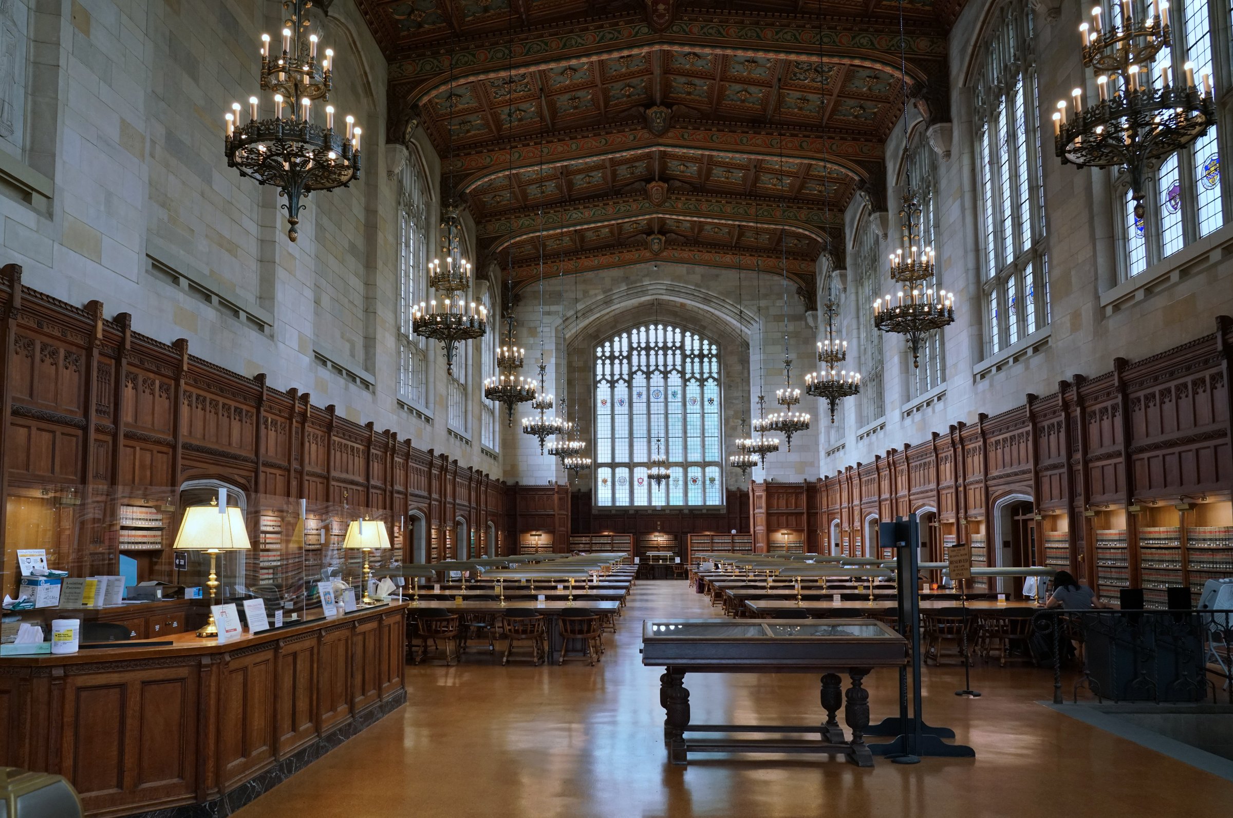 Ann Arbor, Michigan, USA - August 28, 2022:  Ornate gothic style interior of the library of the University of Michigan Law School