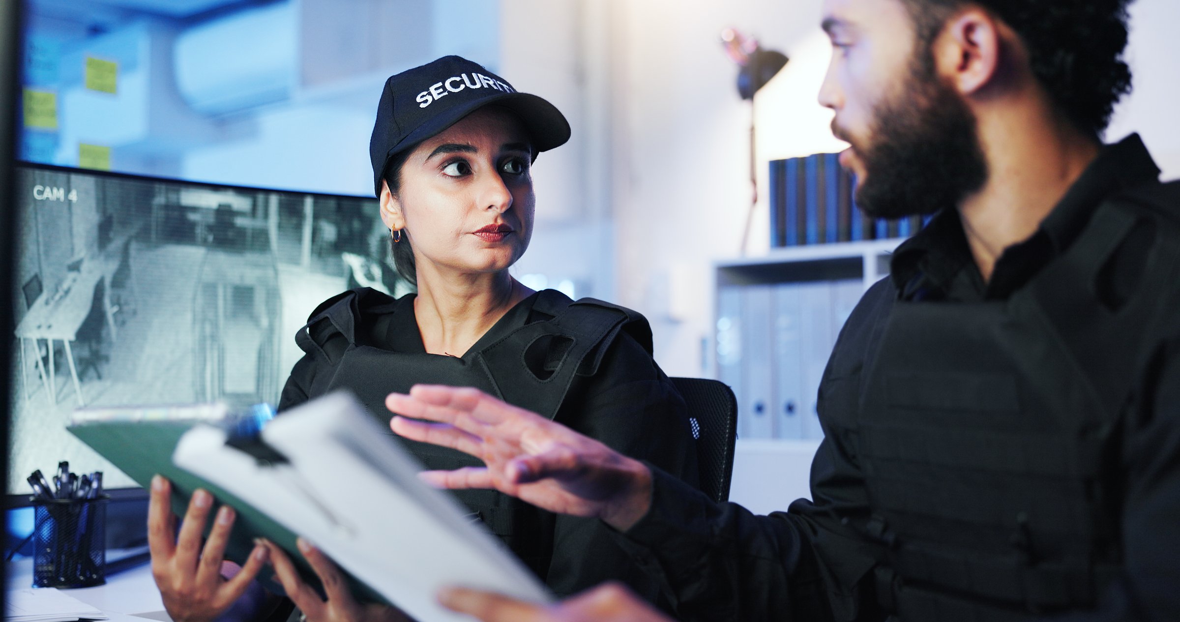 Night, security team and discussion in control room for feedback, advice or standard procedure with tablet. Man, woman guard or paperwork in office for protocol rundown, service or tech on late shift