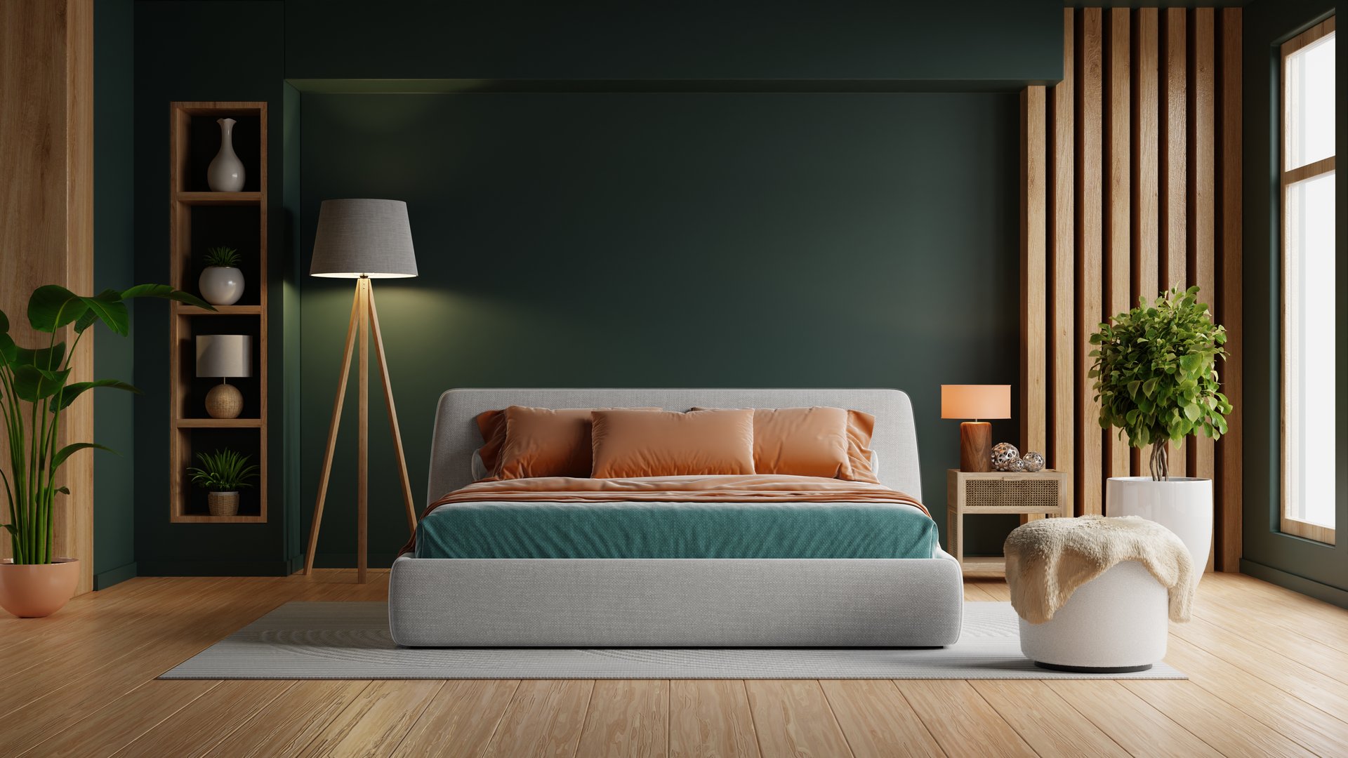 Mockup dark green wall in bedroom interior and decor accessories- 3D rendering